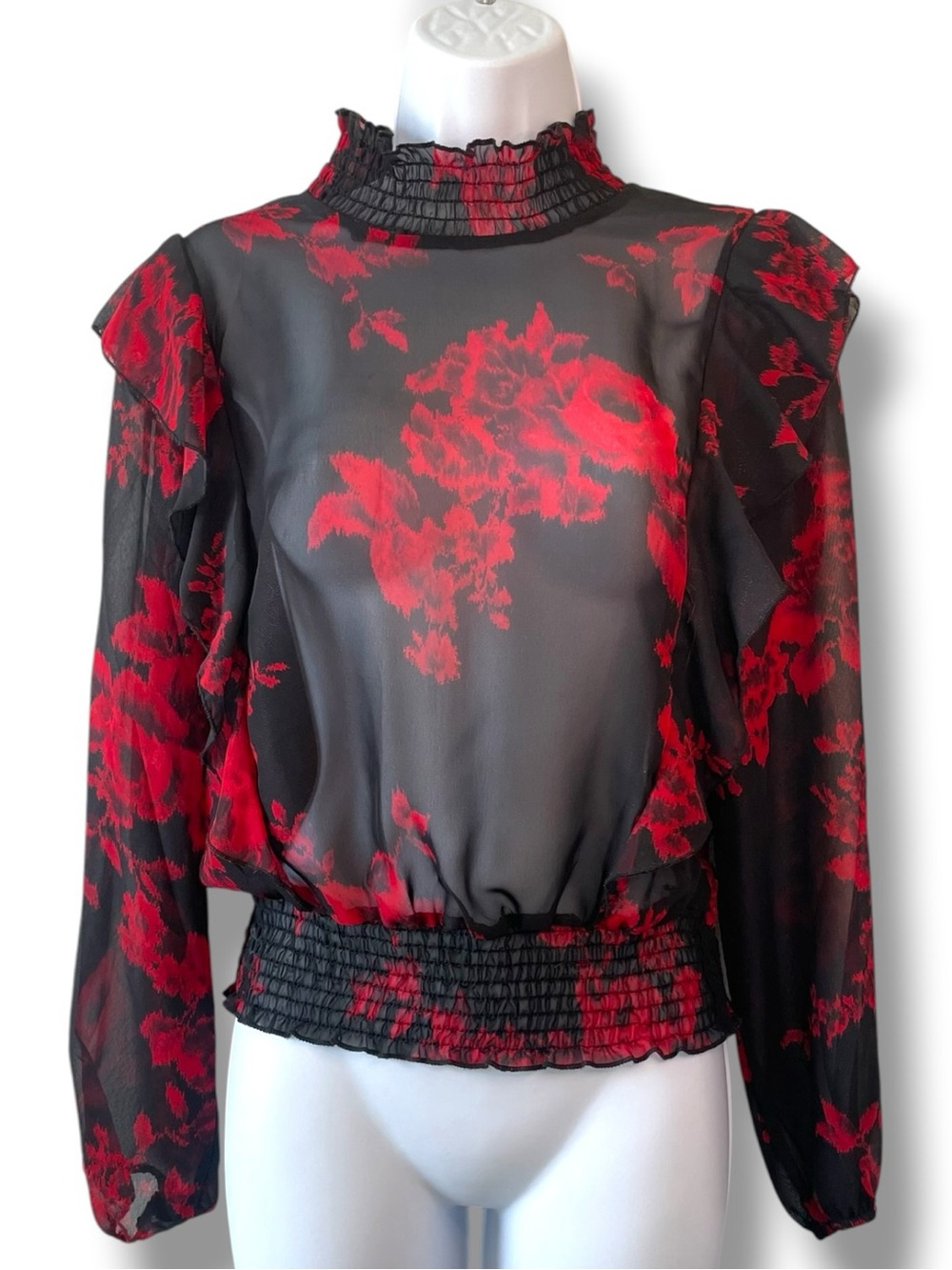 Sheer Floral Smocked Blouse Black Red Romantic Goth Cottagecore Top - L.I.F.E - Picture 2 of 8
